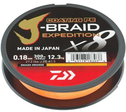 DAIWA J-Braid Expedition X8E, 0.05mm, 5.2kg/11.5lbs, 300m, Smash Orange, Braided Fishing Line, 12550-106