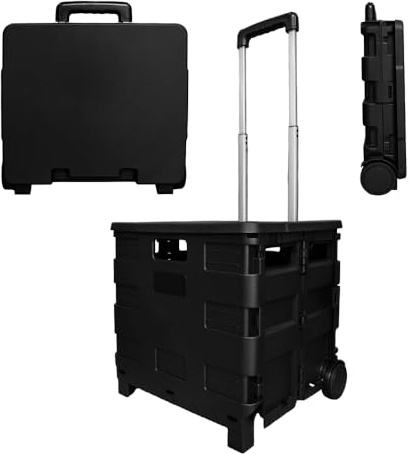 Berry 40L Foldable Shopping Trolley, Plastic Trolley Cart with 2 Wheels and Lid, Portable Cart with Telescopic Handle, Multipurpose Utility Cart for Shopping, Teacher - Black