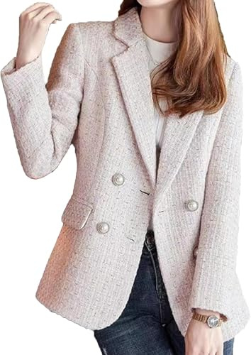 Blazer in Tweed da Donna Leggero Elegante Doppiopetto con Revers Casual alla Moda Tendenza Slim Business da Lavoro (Rosa,M)