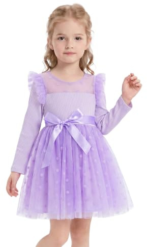 Miipat Fille Robe Tulle Manches Longues Robes Petite Filles Princesse Enfants Jupe à Points de Polka pour Fête Anniversaire Festival de Mariage