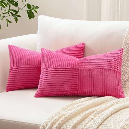 Sungeek Set med 2 dekorativa kuddöverdrag 40 x 60 cm mjuk manchester randigt kors lappverk texturerat kuddöverdrag solid ländrygg prydnadskudde fodral för bäddsoffa uteplats 40 x 60 cm, chockrosa