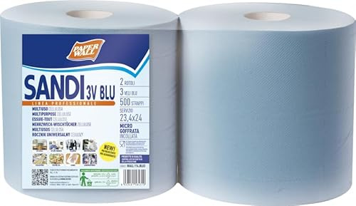 Sandi Rotoloni Carta Industriale, 3 Veli Blu, Goffrata, 2 Rotoli da 500 Strappi, Pura Cellulosa