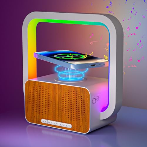 AUYLE Altavoz Bluetooth con Luz Nocturna y 15W Cargador Inalámbrico, lamparas de mesita de Noche con Control táctil y 5 Modos de iluminación RGB, Originales para Mujer y Hombre en Navidad