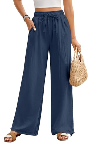 Niwicee Pantaloni Donna Estivi Eleganti Pantaloni Leggeri Comodi Pantaloni Traight Larghi Pantaloni Tinta Unita Casual Donna con Tasche Coulisse Pantaloni Palazzo 100% Cotone Pants (Navy, S)