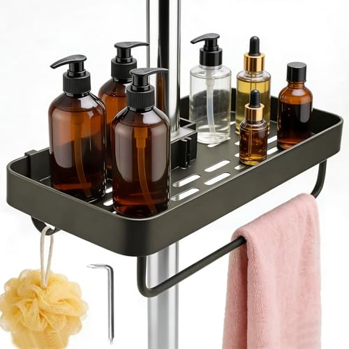 VZXZXE Mensola da doccia senza fori, antiruggine, per asta doccia da 22-25 mm, con 2 ganci e portasciugamani, mensola da bagno per shampoo, universale, regolabile