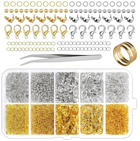 Kit de Cierres para Pulseras 582 Piezas con 40 Mosquetones, 200 Anillos Salto, 200 Engarces, 100 Capuchones, Cadenas Extensión Oro y Plata + Pinza y Abridor Anillas