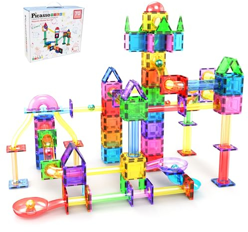 PicassoTiles 70pc Marble Run Magnetic Tiles STEM Set for Kids Ages 3 and Older Magnet Tile Marbles Maze Building Blocks Brain Development Toy Preschool Educational Learning Construction Playset PTG70