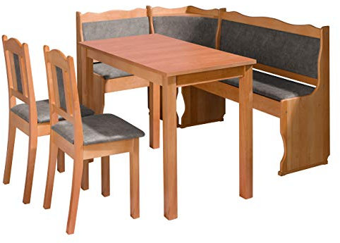 Eckbankgruppe Miki III, Küchensitzgruppe aus Erlenholz, Eckbank Gruppe besteht aus Kücheneckbank mit 2 praktische Kästen, 2X Stuhl, Tisch Esszimmer Sitzbank (Holzfarbe: Erle, Stofffarbe: Forever 65)