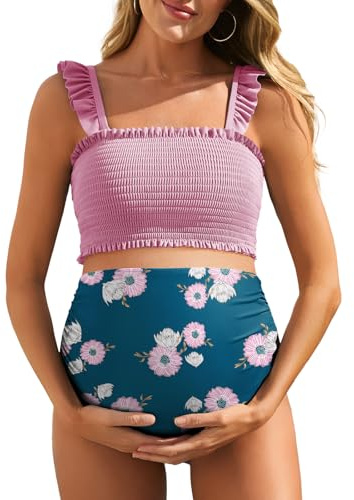 Summer Mae - Bikini de 2 piezas de talle alto para embarazada con bajo con volantes, diseño floral, traje de baño premamá, Rosa, M