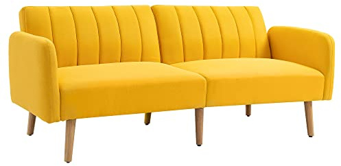 HOMCOM Sofá Cama de 2 Plazas Moderno 173x75x73 cm Sofá Cama Plegable Tapizado en Lino Sintético con Respaldo Ajustable en 3 Niveles y Reposabrazos Desmontables para Salón Oficina Amarillo