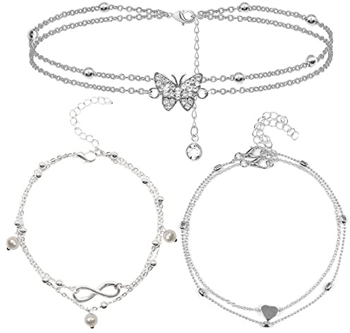 3 Pcs Women's Ankle Bracelets, Silver Pearl Anklet with Adjustable Chain, Layered Ankle Bracelet with Heart Pendant and Butterfly Design, Boho Double Anklet