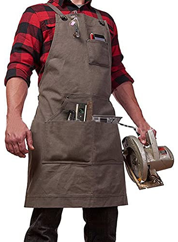 WMLBK Canvas Apron for Men, Heavy Duty Work Apron with Pockets, Cross-Back Design Tool Apron for Welding, Gardening, Woodworking, Kitchen, Pottery, Workshop, Carpenters (Brown)