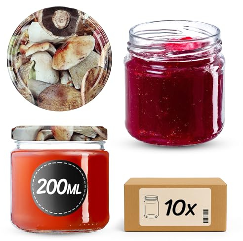 Kadax små glasburkar 200 ml, syltburkar, fi66 mm, miniglas för honung och kryddor, lufttäta burkar, konserveringsglas, konserveringsburkar, runda glas (10 stycken, svamp)