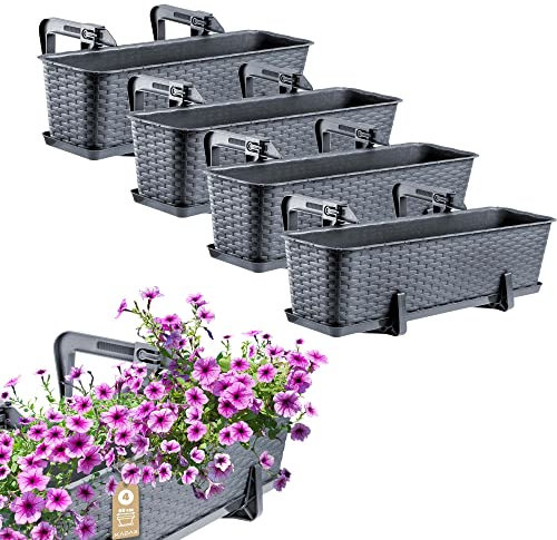 KADAX Lot de 4 jardinières 60 cm en Plastique avec Supports de Fixation – Bacs à Fleurs rectangulaires pour Balcon, Pots résistants pour Plantes et Herbes aromatiques (Graphite)