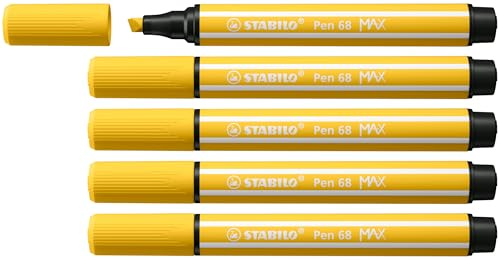 STABILO Pen 68 MAX - Premium Fibre-Tip Pen with Chisel Tip - ARTY - Pack of 5 - Yellow
