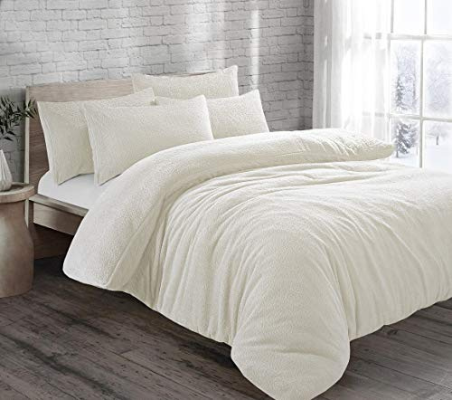 Brit House Teddy Bear Fur Sherpa Fleece Duvet Cover Set Pillowcases Bed Linen Super Soft Cosy Warm Winter Quilt Cover Bedding Set (Cream, Super King)
