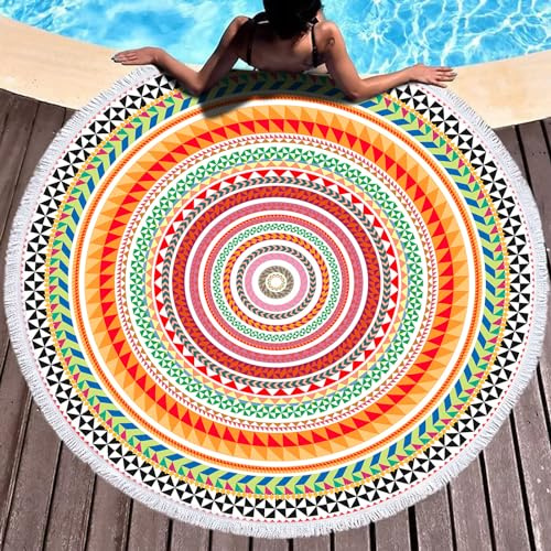 LXTOPN Serviette de Plage Ronde en Microfibre, Motif Mandala, XXL, Tapis de Yoga, Serviettes avec Pompons (Y12)