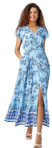 Roman Originals Shirred Empire Waist Dress for Women UK Ladies Midi Maxi Summer Spring Tiered Frill Hem Short Sleeve V Neck Button Through Boho Bohemian Holiday Cruise - Light Blue - Size 12