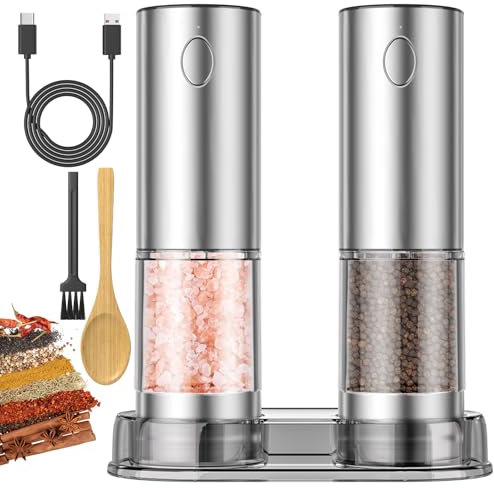 Wothfav Moulin à Poivre et Sel, Moulin a Poivre Electrique, Salieres et Poivrieres Electrique Rechargeable par USB, Poivrier Electrique avec Lumière LED Blanche, Moulin a Poivre Grossièreté Réglable
