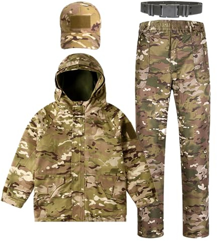 QIYUANT Taktiska kläder för barn kamouflagejacka och byxor set fleecefodrad airsoft militär kamouflage vinterstrid vandring jakt camping för pojkar flickor, Cp/Jacka + Byxor + Keps + Bälte, 150 cm