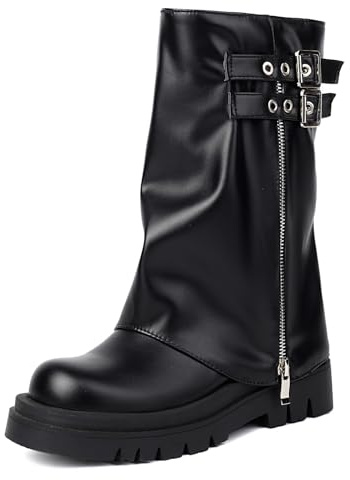 Lroey Reoly Donna Stivali a Metà Polpaccio Zip Stivali Piatti con Plateau Tacco Medio Punta Rotonda Moda Stivali da Festa, W384Fb Nero Numero 39 EU