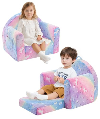 MeMoreCool Divano per bambini, comodo divano per bambini in peluche, divano letto convertibile per bambini, reclinabile e pieghevole, mini divano per bambini da 1 a 3 anni, motivo: unicorno arcobaleno