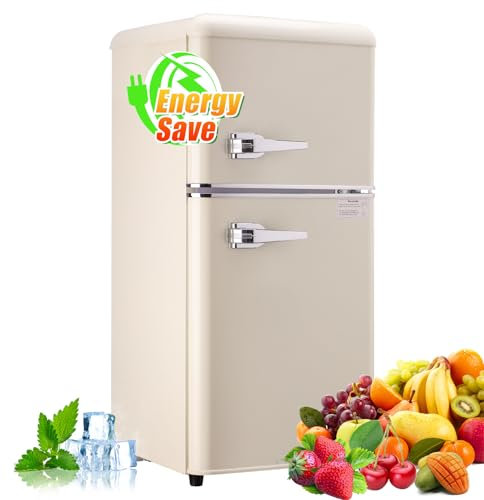 Cucina Magica Mini Fridge with Freezer, 3.2 Cu.Ft Mini Fridge, Retro Small Refrigerator with Adjustable and Removable Double Doors, Suitable for Office, Bedroom, Dormitory or Cabin, Cream