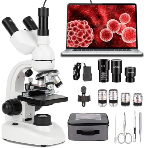 Microscopio Trinoculare, Microscopio Da Laboratorio Composto Trinoculare 40x-5000x Con Tavolino Meccanico, Messa A Fuoco Precisa, Oculare Elettronico Per Acquacoltura/Istruzione/Industria,White