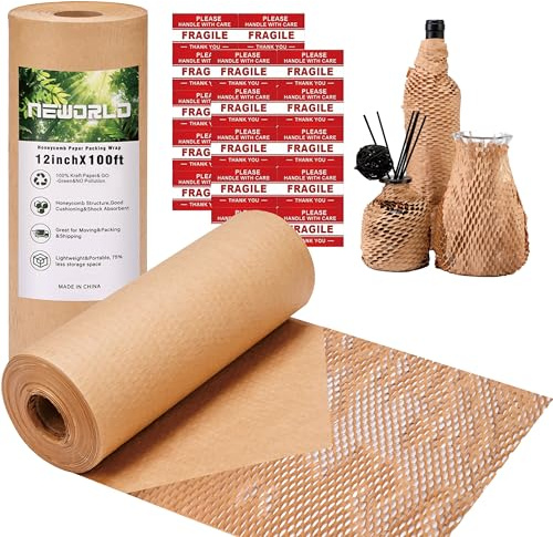 Neworld Honeycomb Packing Paper,12 x 100' Eco Friendly Bubble Cushioning Wrap for Moving,Products & Gifts Wrapping Paper,Recyclable Cushioning Packing Material With 20 Fragile Sticker Labels