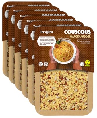 Trevijano Cous Cous Marocain: 6 barquettes de 300g chacune. Sans additifs ni conservateurs: Cous cous, tomate séchée, graines de tournesol, ail, poivron rouge, oignon, cumin, menthe, piment, coriandre