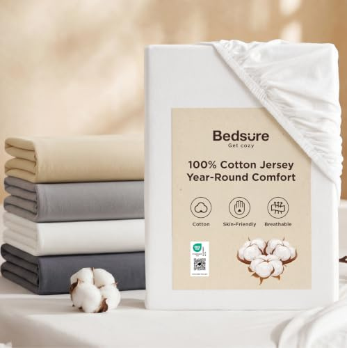 Bedsure Double Fitted Sheet Deep – Cooling Jersey Cotton Fitted Sheet, 40 cm Extra Deep Pocket, 100% Cotton Knit, Breathable, Elasticated Corners, White, 135x190 cm