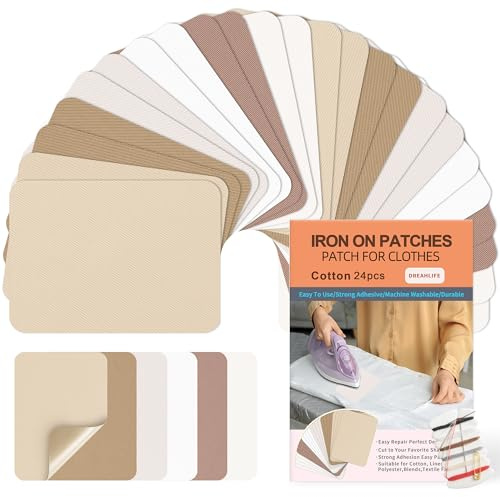Parches para Ropa Termoadhesivos, 24 Piezas Tela de Parches de Jean, Algodón Plancha Interior & Exterior Kit de reparación para Chaquetas, Vaqueros 7.5 cm x 10.5 cm(Blanco, Beige y Caqui)