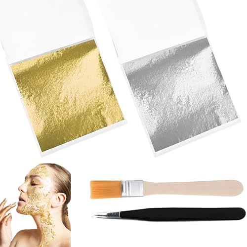200 Pcs Edible Gold Leaf Sheets and Edible Silver Leaf Sheets,8.5cm Gold Leaf Edible for Cakes,Gold Leaf Kit with Brush & Tweezer for Desserts,Chocolate,Art and Craft,Face Masks and Nail Art