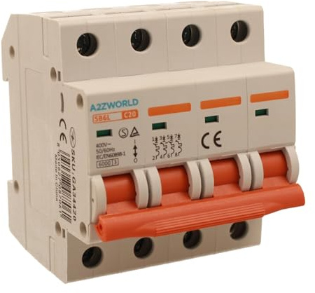 Interrupteur magnétothermique triphasé 4P 20A C20, courbe C 6kA, 4 modules DIN 380 V AC, certifié IEC60898-1, série SB6L