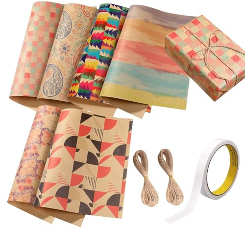 MUWINC 6 Feuilles 100g/m² Papier Cadeau Kraft Recyclé - 50x70cm, avec 2 Ficelle et Adhésif, pour les Anniversaires et les Fêtes (Motifs Géométriques et Floraux)