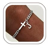 chorfla Silver Initial Bracelets for Men Stainless Steel Cuban Link Matching Couple Bracelets Gifts for Boyfriend Him Birthday Christmas Gifts for Men Jewelry A-Z Letter Bracelet Stuffers(J)