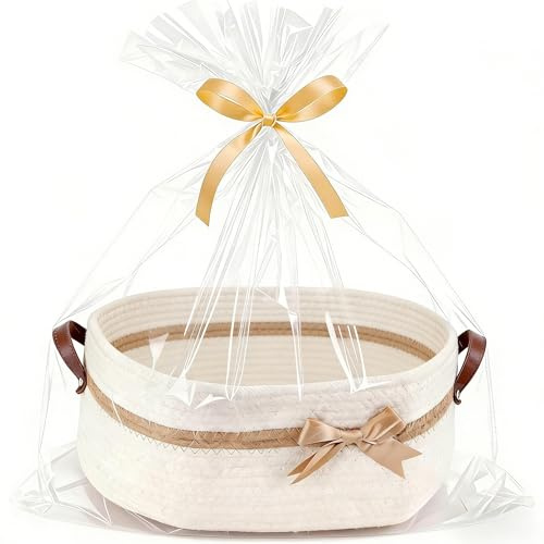 Large Gift Baskets Empty with Handles, 14x 10x 5.5 Cotton Rope Storage Basket Storage for Gifts Clothes Baby Diaper Pet Toys (White)