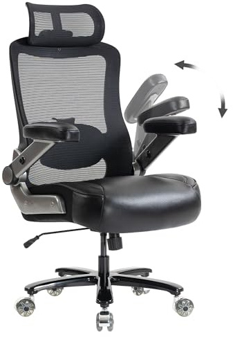 Silla Escritorio con Soporte Lumbar Ajustable y Reposacabezas, Capacidad de Carga de 350 kg, Respaldo de Malla con Función de Inclinación, Reposabrazos Abatibles, Silla Oficina Ergonomica (Negro)