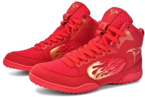 FJJLOVE Stivali da Boxe e Wrestling da Uomo, Scarpe Sportive da Palestra per Adolescenti e Adulti, Sneakers Calde per Sparring di Muay Thai e Kickboxing,Rosso,38 EU