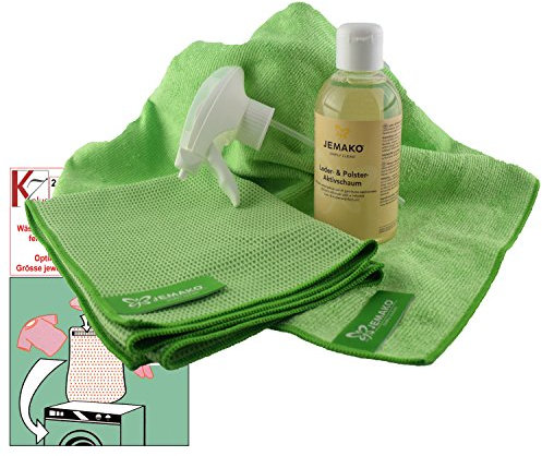Jemako Set grün mit Profituch & Trockentuch & 250 ml Leder- & Polster- Aktivschaum & Schaumpumpe plus 2 x K7plus® Wäschenetze 30 x 40 cm