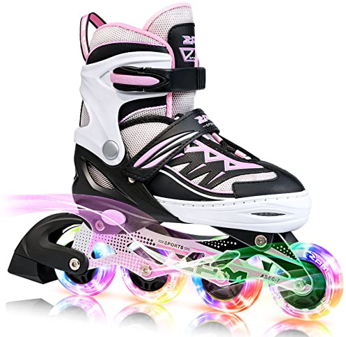 2PM SPORTS Cytia Pink Girls Adjustable Illuminating Inline Skates with Light up Wheels, Fun Flashing Beginner Roller Skates for Kids (Pink, Medium - Big Kid (13C-3 US))
