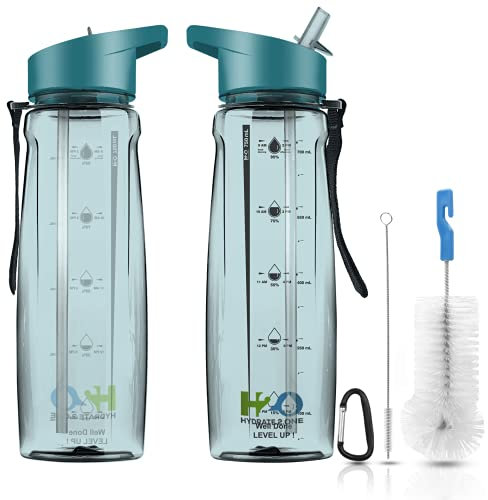 HYDRATE 2.ONE Trinkflasche mit Strohhalm Bpa-Frei 750ml mit Reiningungsbürsten | Tritan Wasserflasche Auslaufsicher | Wiederverwendbare Sportflasche Für Erwachsenen und Kinder, Schule