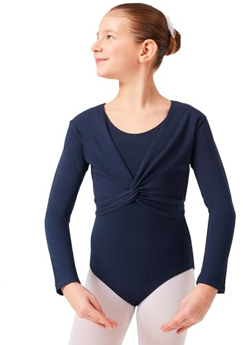 tanzmuster ® Kinder Ballett Langarm Top - Mia - mit Twist (Wickeloptik) - aus sehr weichem und festem Baumwollstoff - in marineblau, Größe:128/134