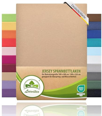 leevitex® Jersey Spannbettlaken, Spannbetttuch 100% Baumwolle ca. 150 g/m² MARKENQUALITÄT ÖKOTEX Standard 100 (Sand/Beige, Premium 200x220 Wasserbetten, Boxspringbetten)