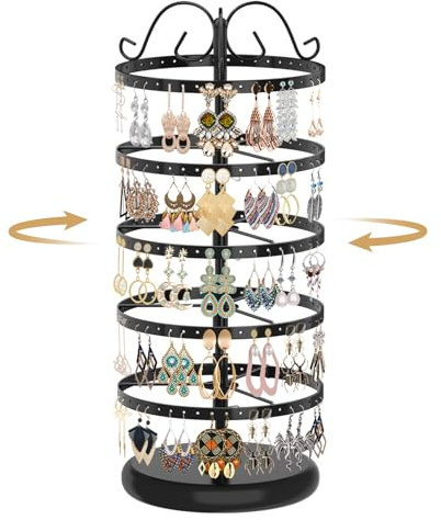 MODOWEY Rotating Earring Holder Organizer Stand, 5 Tier Metal Tree Display for Women Vendors, 220 Holes Adjustable Jewelry rack for Stud Hoop Dangle Storage, Trendy Carousel Keeps Dresser Neat, Black
