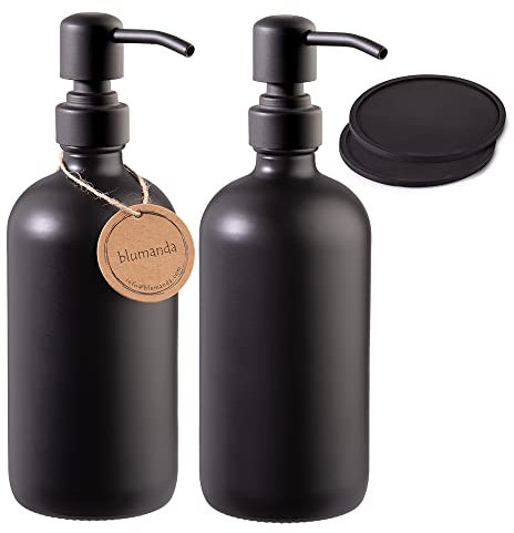 blumanda 2er-Set Echtglas Seifenspender Glas Lotionsspender Retro Pumpkopf 16oz 473ml matt schwarz