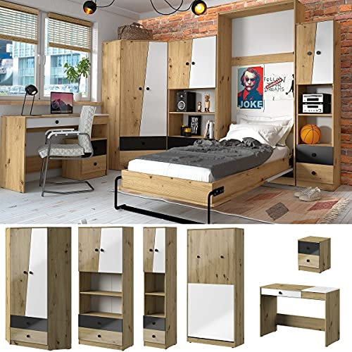 QMM Jugendzimmer Kinderzimmer komplett Neo Set E Eckschrank Regale Schreibtisch Container Schrankbett Vertikal Farbauswahl (Schwarz Hochglanz)