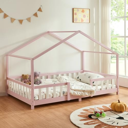 [en.casa] Kinderbett Treviolo Hausbett 90 x 200 cm Holzbett für Kinder mit Rausfallschutz Montessori Bettgestell mit Lattenrost Kiefernholz Rosa/Weiß
