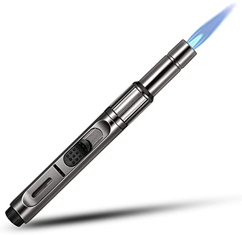 Butane Torch With Long Refillable Kitchen Lighter, Visible Fuel Window, Adjustable Jet Flame Pen for Grill, Fireplace (Black1)