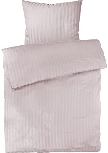 Pure Label Mako Satin Damast Streifen Bettwäsche rosa 135 x 200 cm mit Kissenbezug 80 x 80 cm aus 100% Baumwolle | Traumhaft weiches Mako Satin Bettwäsche Set in Uni